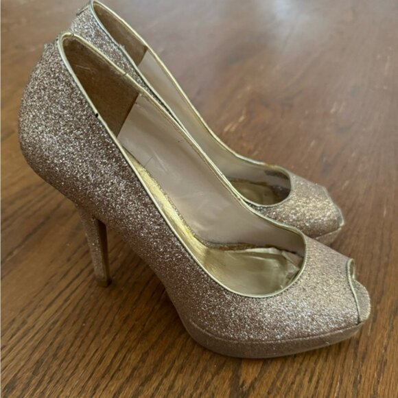Steve Madden Platform P-Karo Gold Glitter Peep Toe Heels Women’s size 7.5 - Picture 3 of 12
